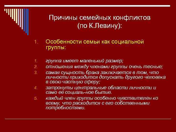 Причины семейных конфликтов (по К. Левину): 1. Особенности семьи как социальной группы: 1. 2.
