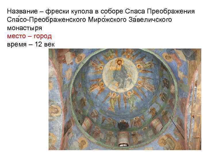 Название – фрески купола в соборе Спаса Преображения Спа со-Преображенского Миро жского За величского