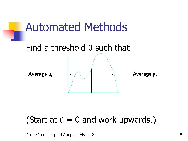 Automated Methods Find a threshold such that Average l Average h (Start at =