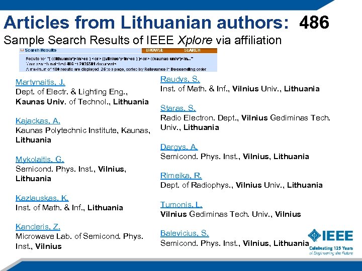 Articles from Lithuanian authors: 486 Sample Search Results of IEEE Xplore via affiliation Martynaitis,