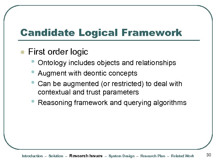 Candidate Logical Framework l First order logic • Ontology includes objects and relationships •