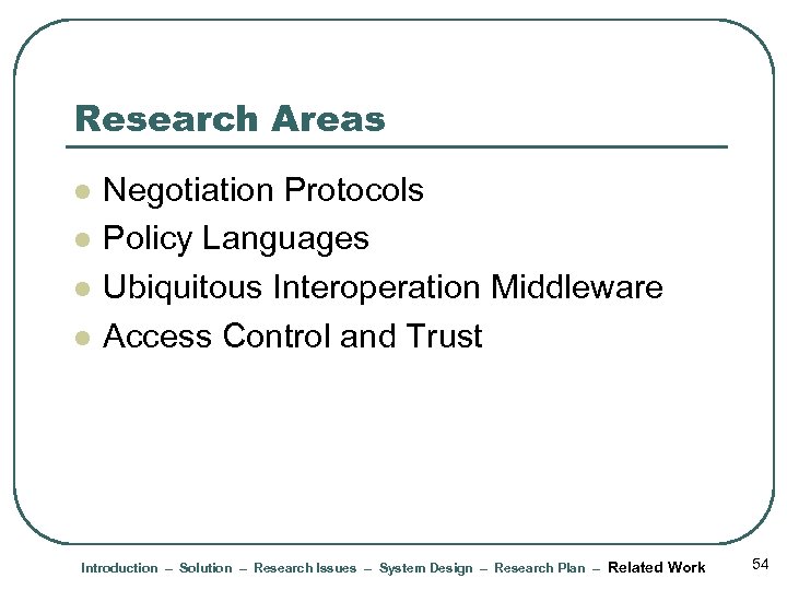 Research Areas l l Negotiation Protocols Policy Languages Ubiquitous Interoperation Middleware Access Control and
