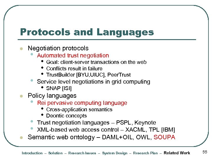 Protocols and Languages l Negotiation protocols Automated trust negotiation • l • Service level