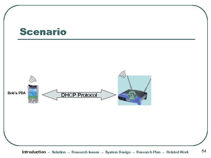 Scenario Bob’s PDA DHCP Protocol Introduction – Solution – Research Issues – System Design