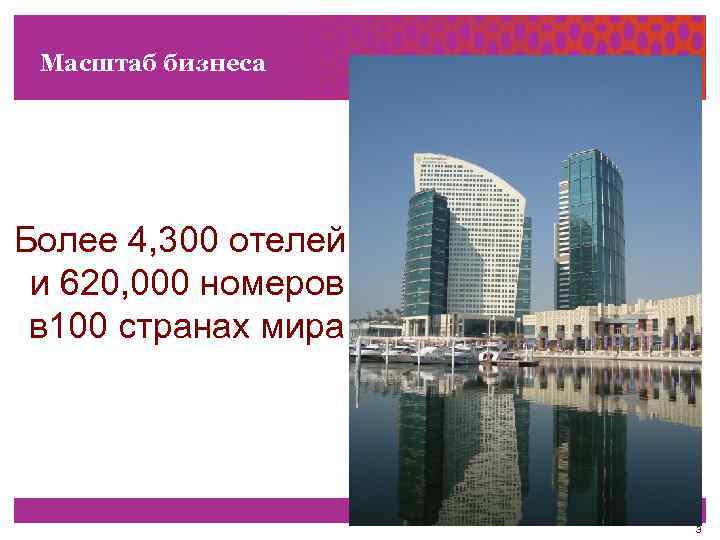 Масштаб бизнеса Более 4, 300 отелей и 620, 000 номеров в 100 странах мира