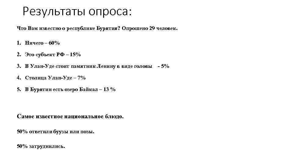 Результаты опроса: Что Вам известно о республике Бурятия? Опрошено 29 человек. 1. Ничего –