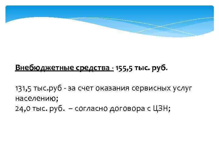 Внебюджетные средства - 155, 5 тыс. руб. 131, 5 тыс. руб - за счет