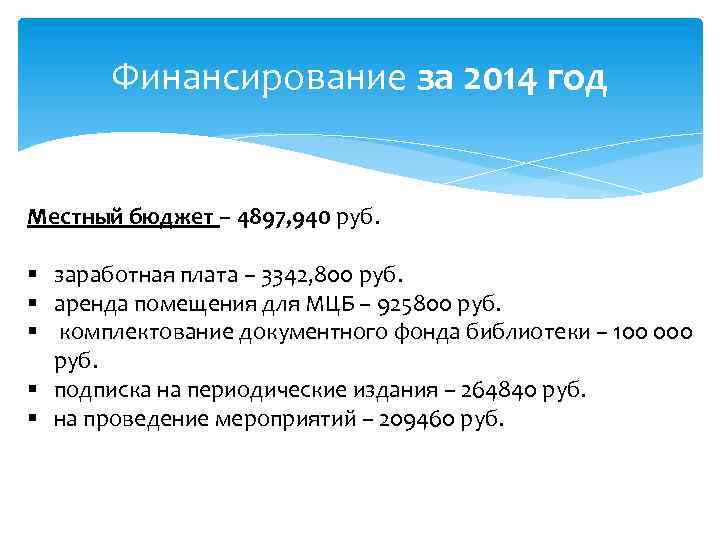 Финансирование за 2014 год Местный бюджет – 4897, 940 руб. § заработная плата –