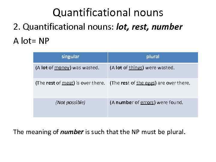 Quantificational nouns 2. Quantificational nouns: lot, rest, number A lot= NP singular (A lot