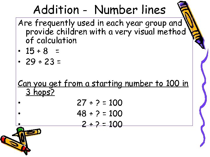 Addition - Number lines Are frequently used in each year group and provide children