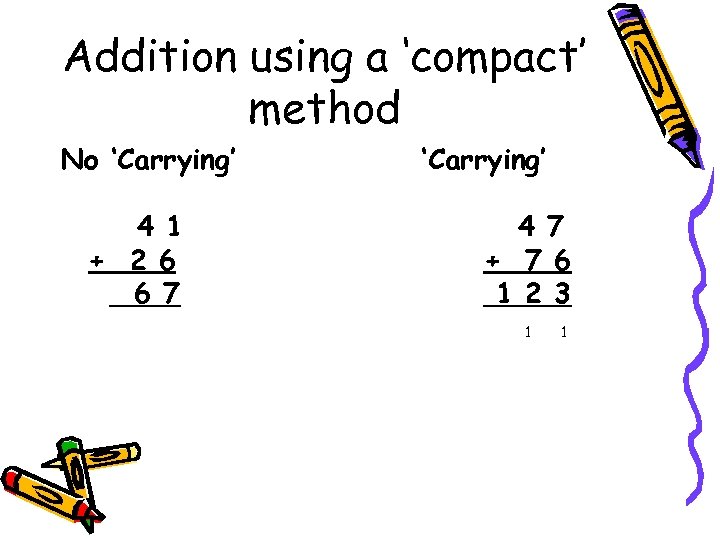 Addition using a ‘compact’ method No ‘Carrying’ 4 1 + 2 6 6 7