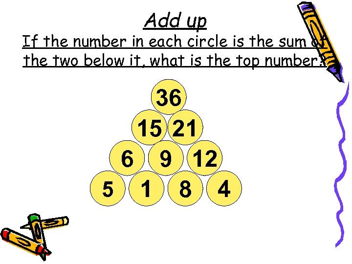 Add up If the number in each circle is the sum of the two