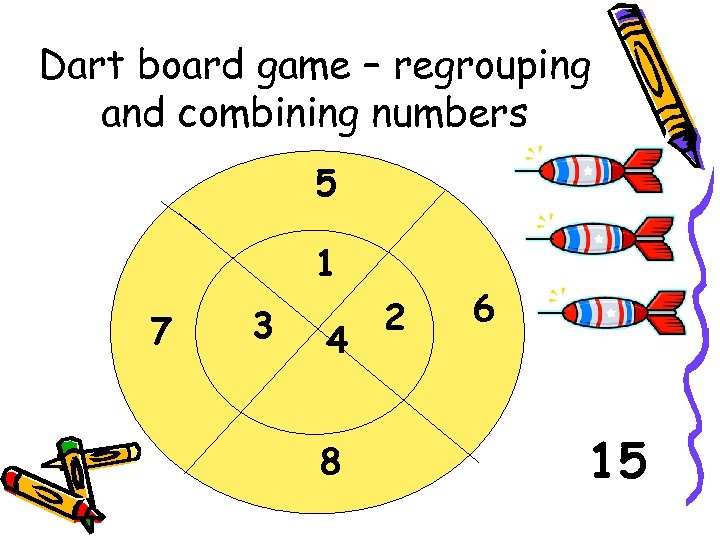 Dart board game – regrouping and combining numbers 5 1 7 3 4 8