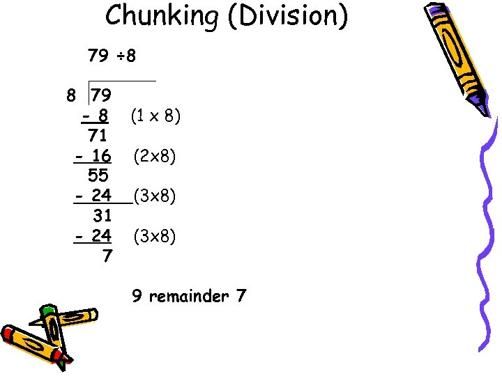 Chunking (Division) 79 ÷ 8 8 79 - 8 71 - 16 55 -