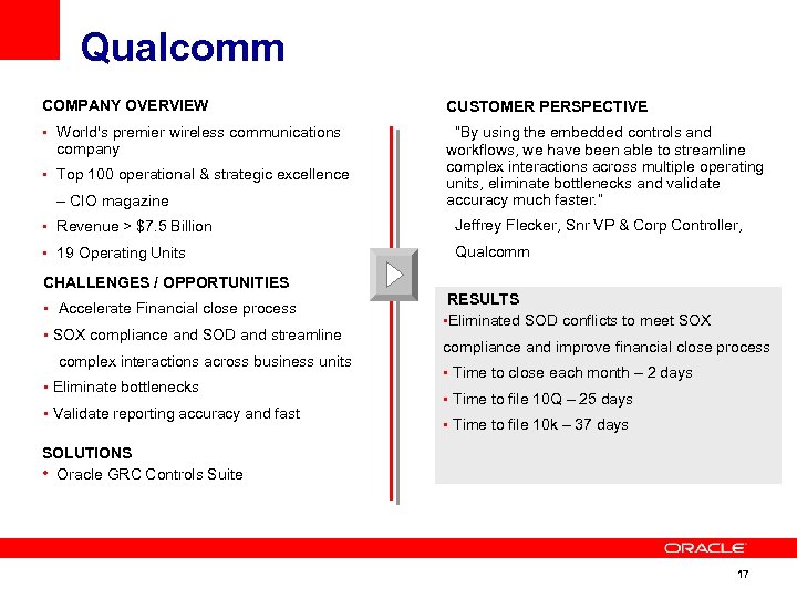 Qualcomm COMPANY OVERVIEW CUSTOMER PERSPECTIVE • World's premier wireless communications “By using the embedded