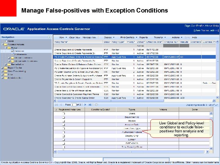 Manage False-positives with Exception Conditions Use Global and Policy-level conditions to exclude falsepositives from