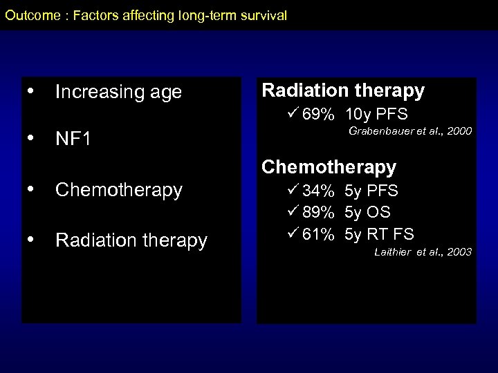 Outcome : Factors affecting long-term survival • Increasing age Radiation therapy ü 69% 10