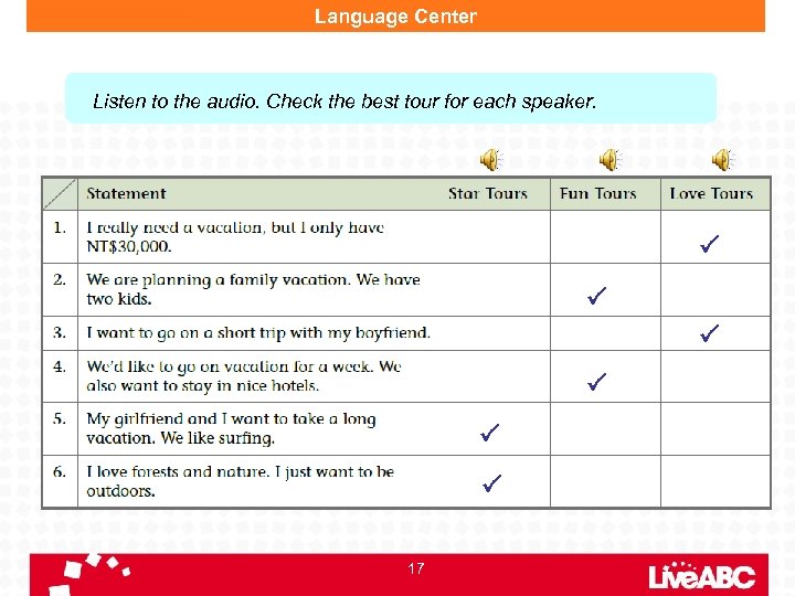 Language Center Listen to the audio. Check the best tour for each speaker. 17