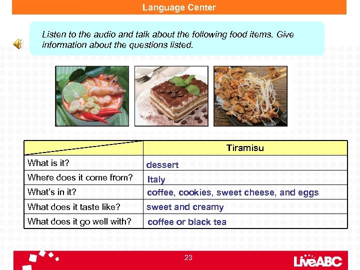 Language Center Listen to the audio and talk about the following food items. Give