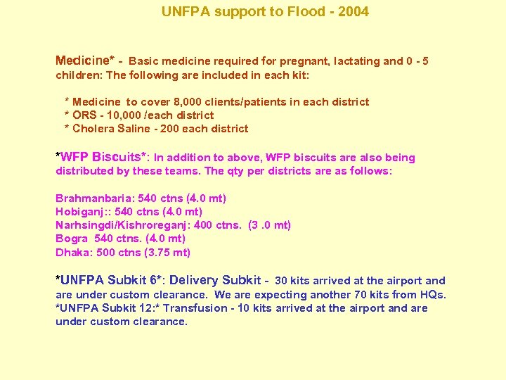 UNFPA support to Flood - 2004 Medicine* - Basic medicine required for pregnant, lactating
