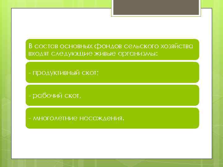 В состав основных фондов сельского хозяйства входят следующие живые организмы: - продуктивный скот; -