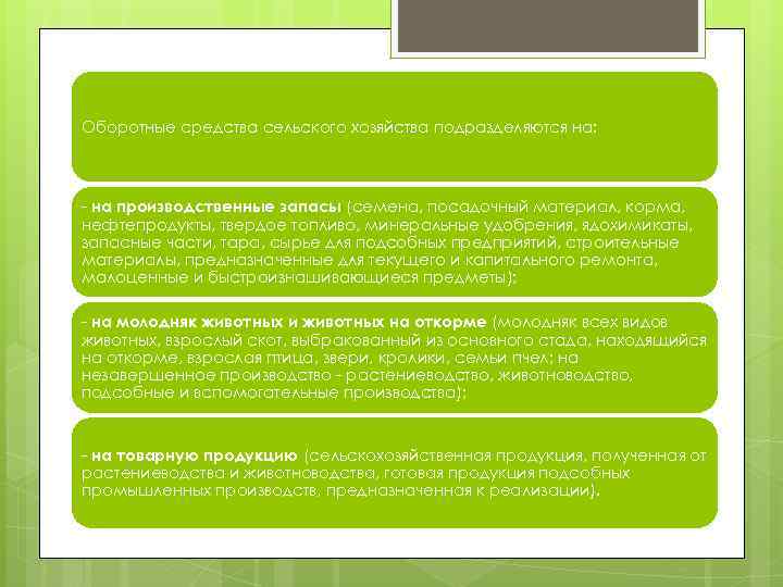 Оборотные средства сельского хозяйства подразделяются на: - на производственные запасы (семена, посадочный материал, корма,