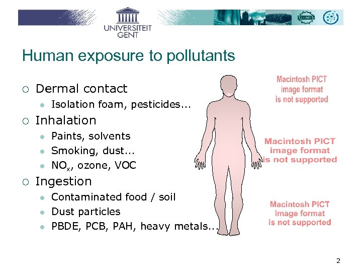 Human exposure to pollutants ¡ Dermal contact l ¡ Inhalation l l l ¡