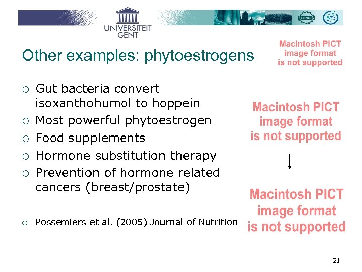 Other examples: phytoestrogens ¡ ¡ ¡ Gut bacteria convert isoxanthohumol to hoppein Most powerful