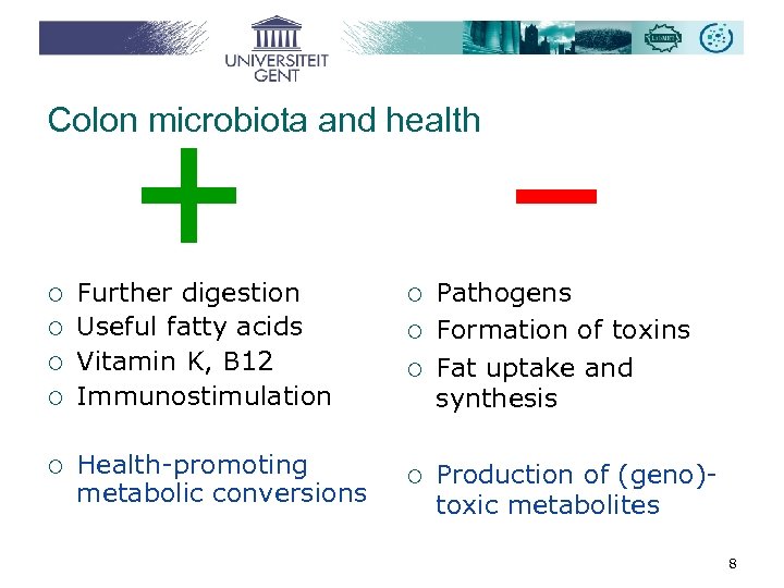 Colon microbiota and health ¡ ¡ ¡ Further digestion Useful fatty acids Vitamin K,