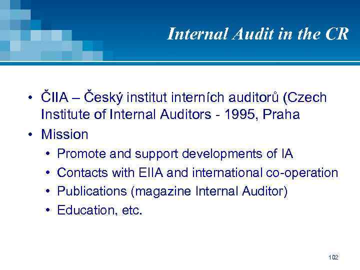 Internal Audit in the CR • ČIIA – Český institut interních auditorů (Czech Institute