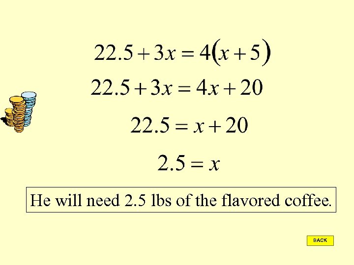 He will need 2. 5 lbs of the flavored coffee. BACK 