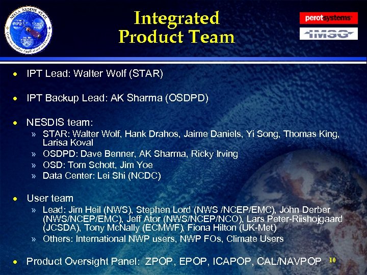 Integrated Product Team · IPT Lead: Walter Wolf (STAR) · IPT Backup Lead: AK