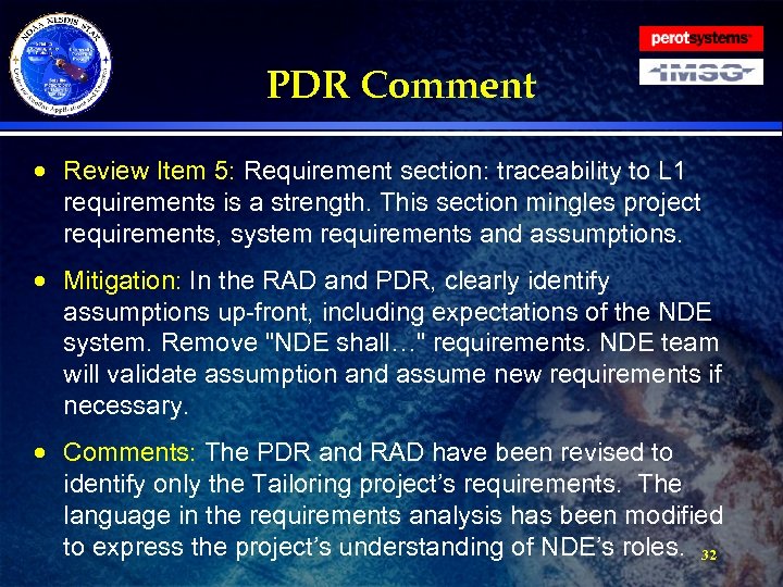 PDR Comment · Review Item 5: Requirement section: traceability to L 1 requirements is