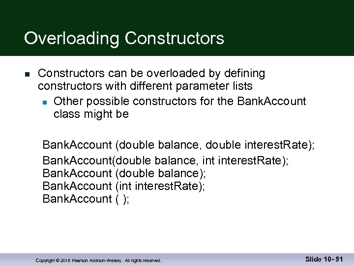Overloading Constructors n Constructors can be overloaded by defining constructors with different parameter lists