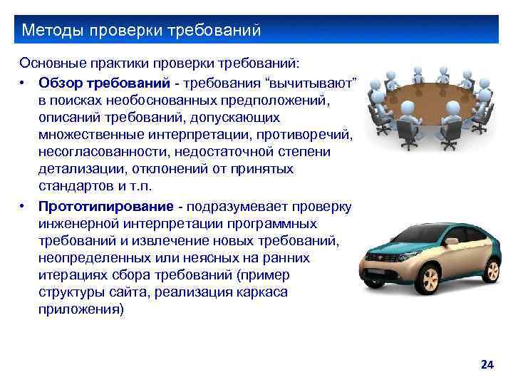 Методы проверки требований Основные практики проверки требований: • Обзор требований - требования “вычитывают” в