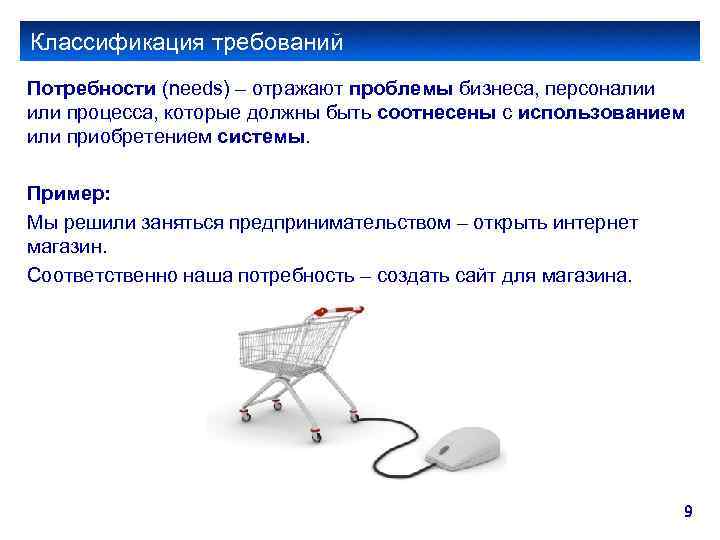 Классификация требований Потребности (needs) – отражают проблемы бизнеса, персоналии или процесса, которые должны быть