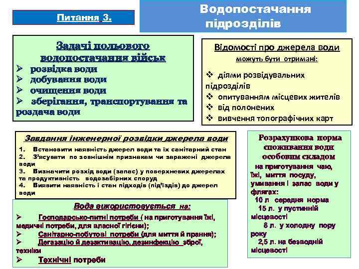 Питання 3. Задачі польового водопостачання військ Ø розвідка води Ø добування води Ø очищення