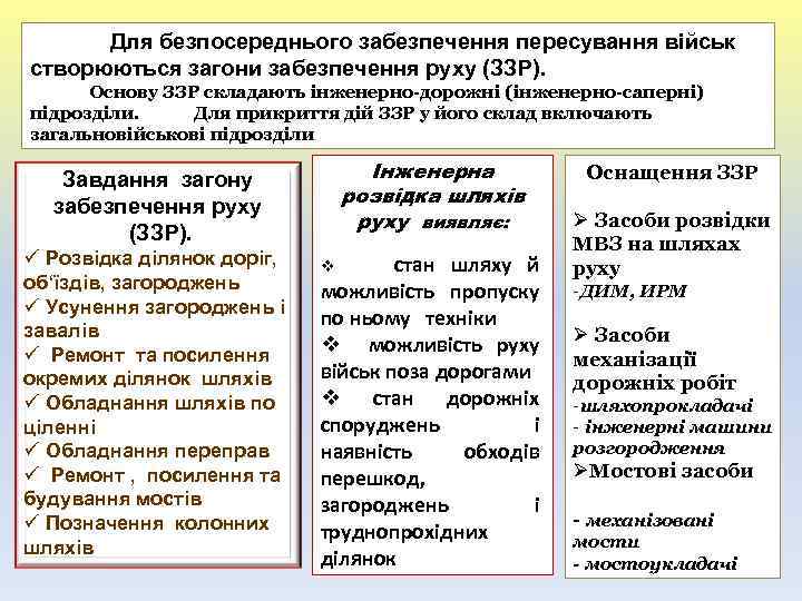 Для безпосереднього забезпечення пересування військ створюються загони забезпечення руху (ЗЗР). Основу ЗЗР складають інженерно-дорожні