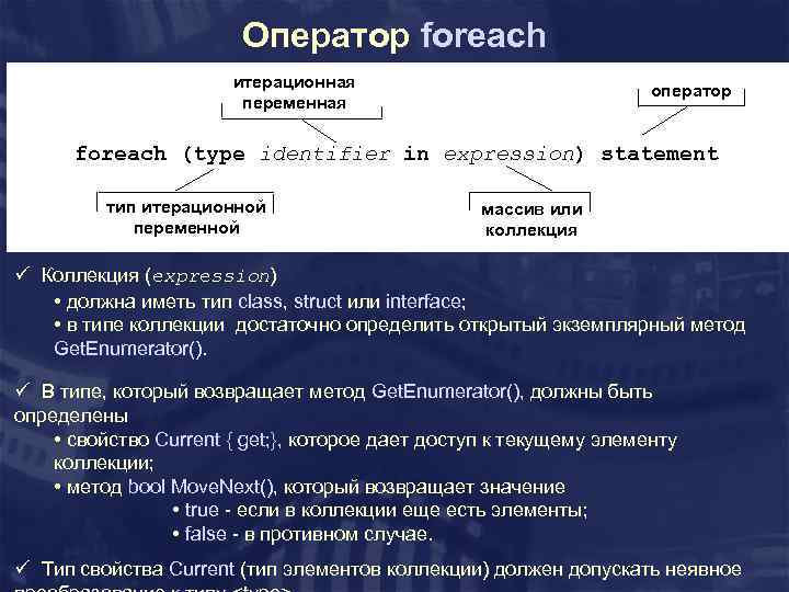 Оператор foreach итерационная переменная оператор foreach (type identifier in expression) statement тип итерационной переменной