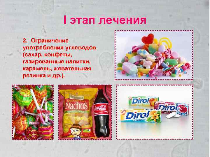 I этап лечения 2. Ограничение употребления углеводов (сахар, конфеты, газированные напитки, карамель, жевательная резинка