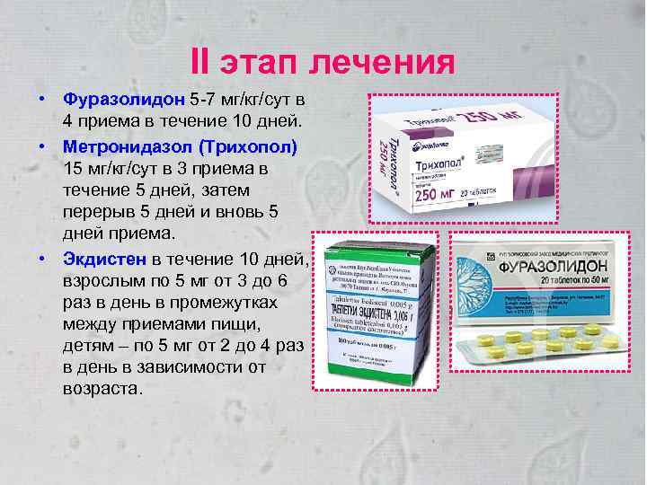 II этап лечения • Фуразолидон 5 -7 мг/кг/сут в 4 приема в течение 10