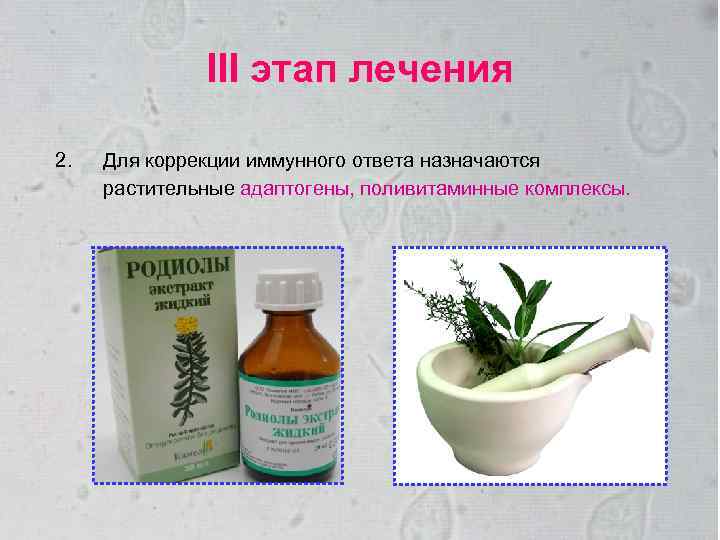 III этап лечения 2. Для коррекции иммунного ответа назначаются растительные адаптогены, поливитаминные комплексы. 