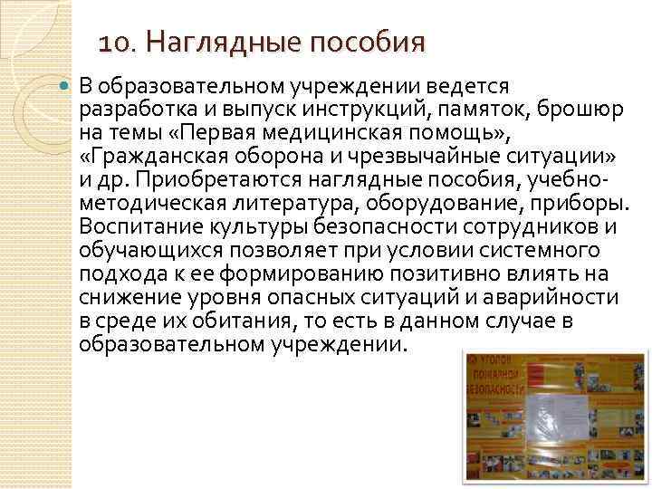 10. Наглядные пособия В образовательном учреждении ведется разработка и выпуск инструкций, памяток, брошюр на