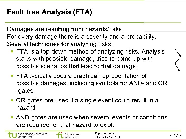 Fault tree Analysis (FTA) Damages are resulting from hazards/risks. For every damage there is