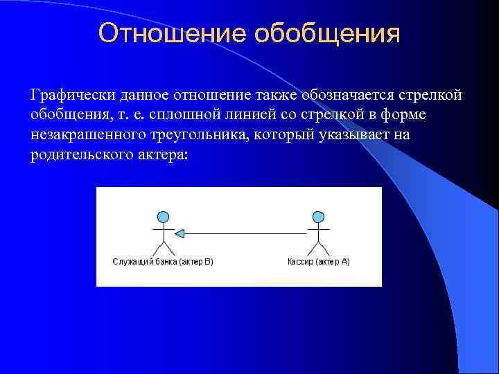 Отношение обобщения Графически данное отношение также обозначается стрелкой обобщения, т. е. сплошной линией со