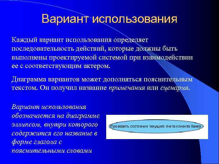 Вариант использования Каждый вариант использования определяет последовательность действий, которые должны быть выполнены проектируемой системой
