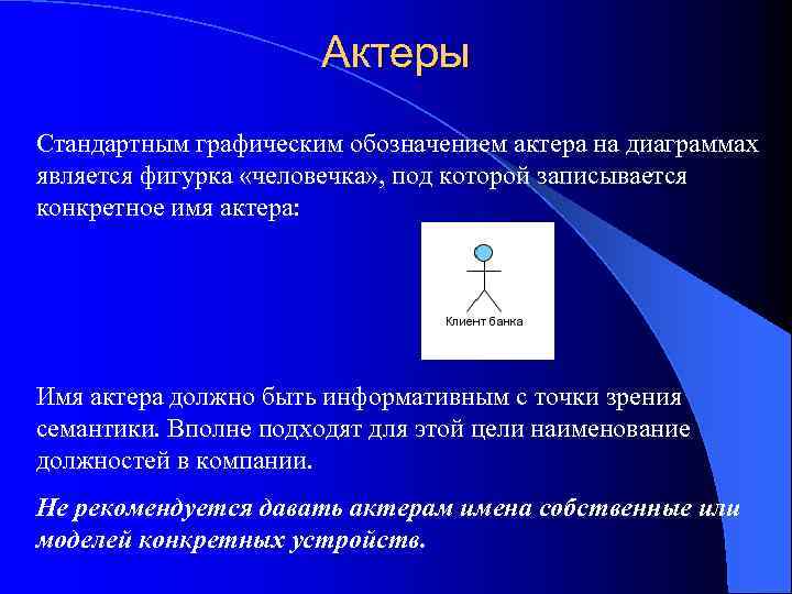 Актеры Стандартным графическим обозначением актера на диаграммах является фигурка «человечка» , под которой записывается