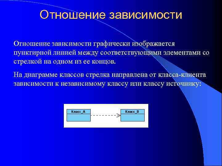 Отношение зависимости графически изображается пунктирной линией между соответствующими элементами со стрелкой на одном из