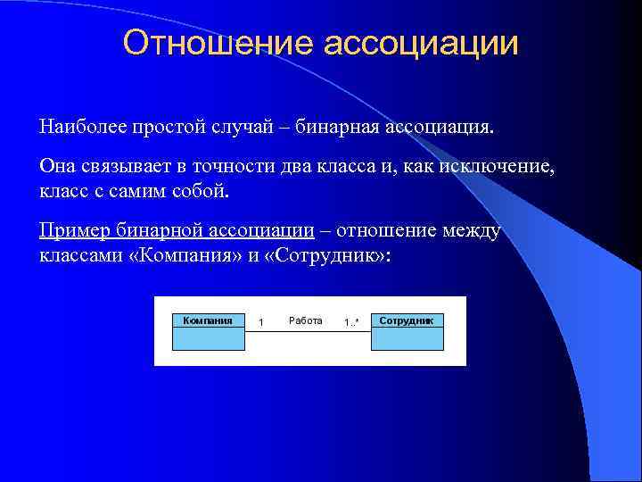 Отношение ассоциации Наиболее простой случай – бинарная ассоциация. Она связывает в точности два класса