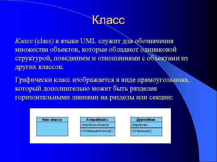 Класс (class) в языке UML служит для обозначения множества объектов, которые обладают одинаковой структурой,